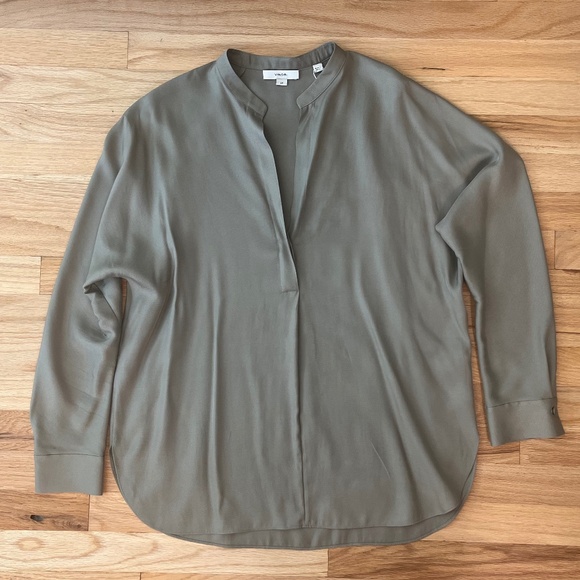 Vince Silk Band Collar long sleeve Blouse Brown Vneck Size Small - Picture 4 of 9